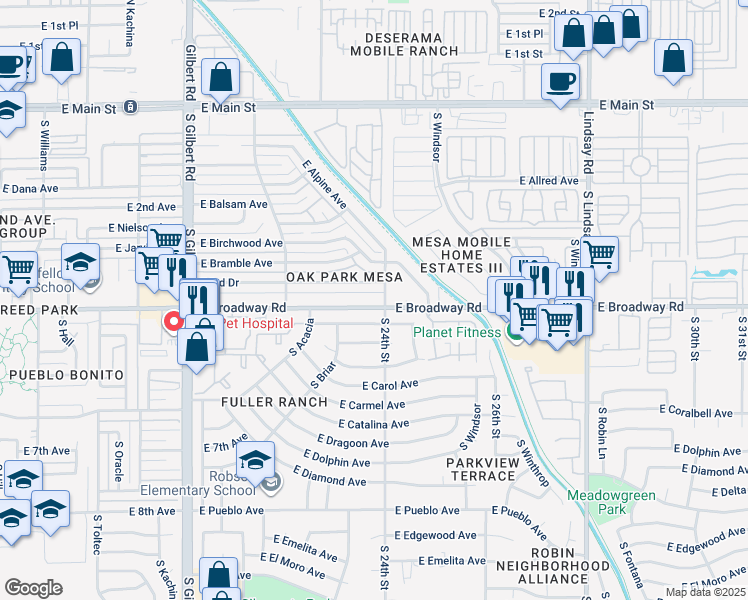 map of restaurants, bars, coffee shops, grocery stores, and more near in Mesa
