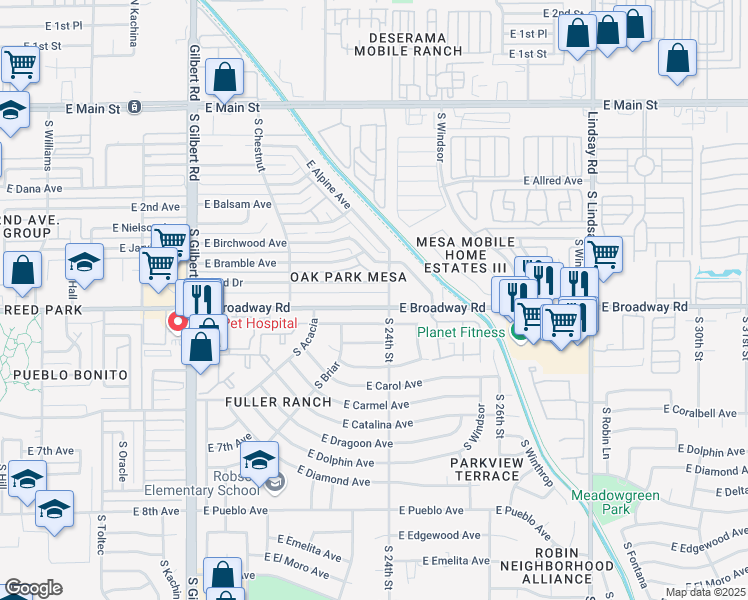 map of restaurants, bars, coffee shops, grocery stores, and more near in Mesa