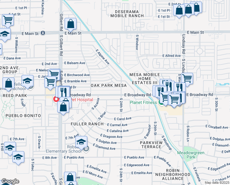 map of restaurants, bars, coffee shops, grocery stores, and more near in Mesa
