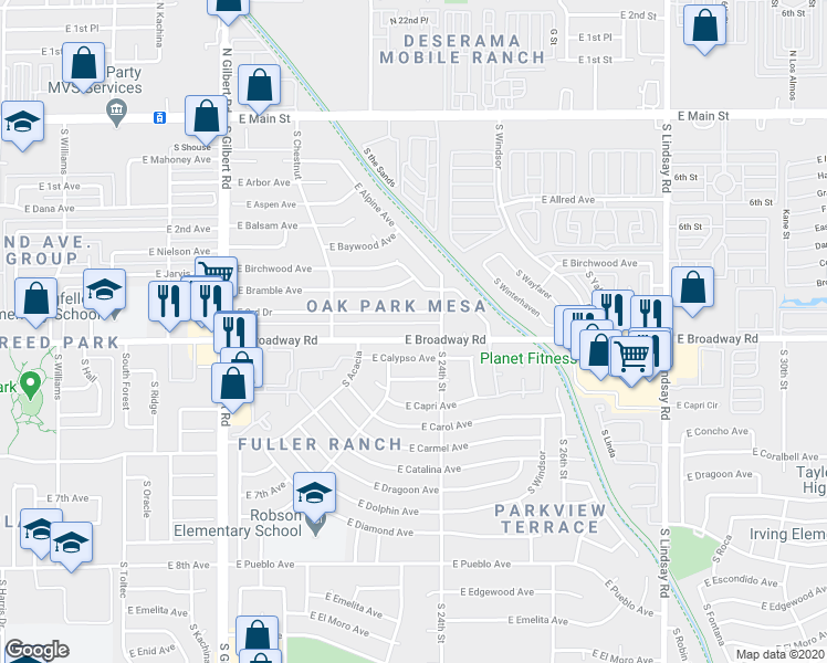 map of restaurants, bars, coffee shops, grocery stores, and more near 2310 East Broadway Road in Mesa