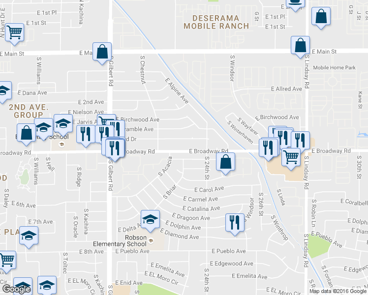map of restaurants, bars, coffee shops, grocery stores, and more near 2310 East Broadway Road in Mesa