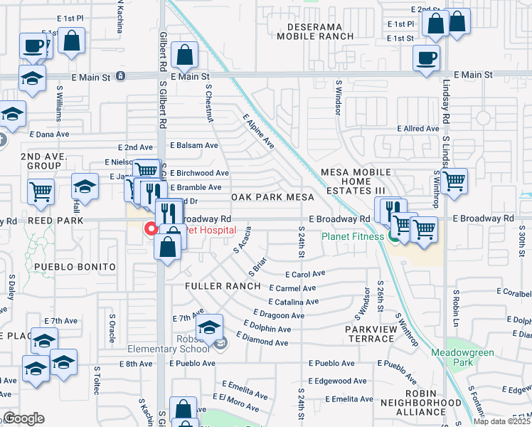 map of restaurants, bars, coffee shops, grocery stores, and more near 2310 East Broadway Road in Mesa