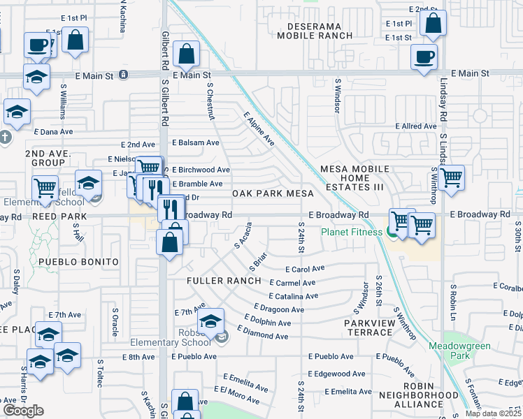 map of restaurants, bars, coffee shops, grocery stores, and more near 2242 East Broadway Road in Mesa