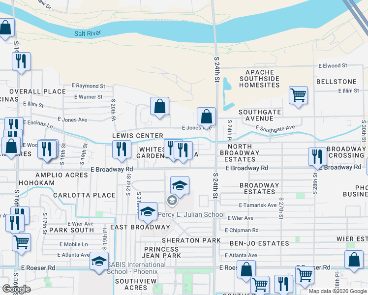 map of restaurants, bars, coffee shops, grocery stores, and more near 2302 East Pueblo Avenue in Phoenix