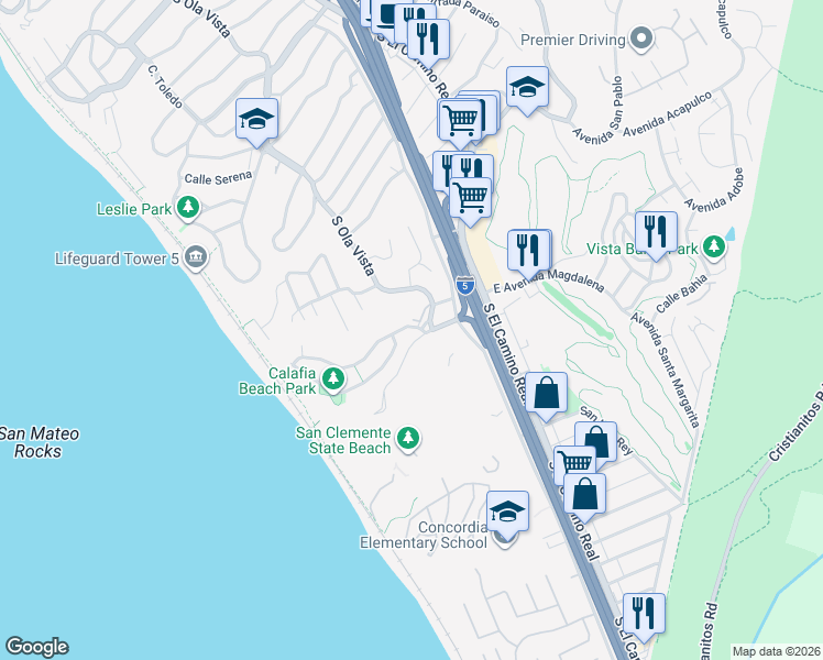 map of restaurants, bars, coffee shops, grocery stores, and more near 208 Avenida Calafia in San Clemente