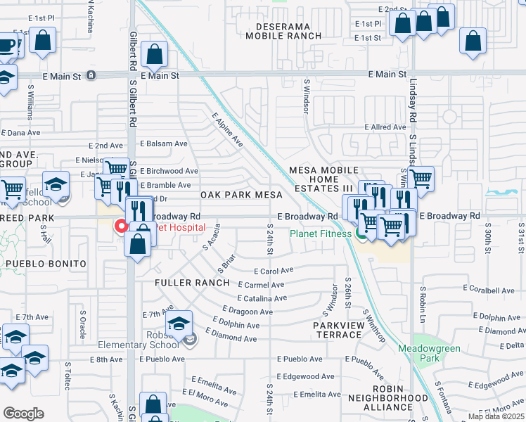 map of restaurants, bars, coffee shops, grocery stores, and more near in Mesa
