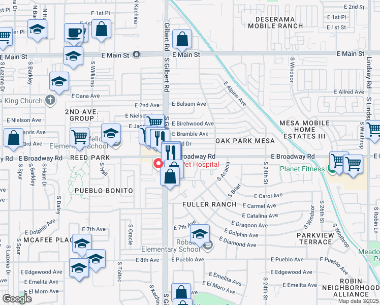 map of restaurants, bars, coffee shops, grocery stores, and more near 2102 East Broadway Road in Mesa
