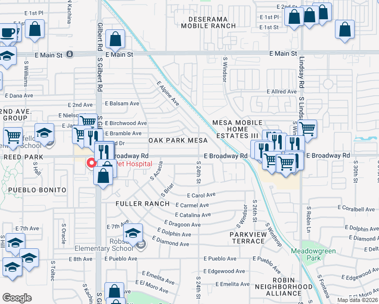 map of restaurants, bars, coffee shops, grocery stores, and more near in Mesa