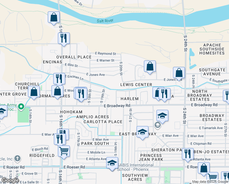 map of restaurants, bars, coffee shops, grocery stores, and more near 4218 South 19th Place in Phoenix
