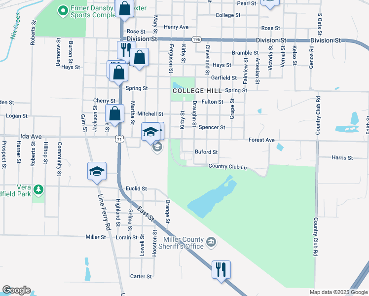 map of restaurants, bars, coffee shops, grocery stores, and more near 1819 Kirby Street in Texarkana
