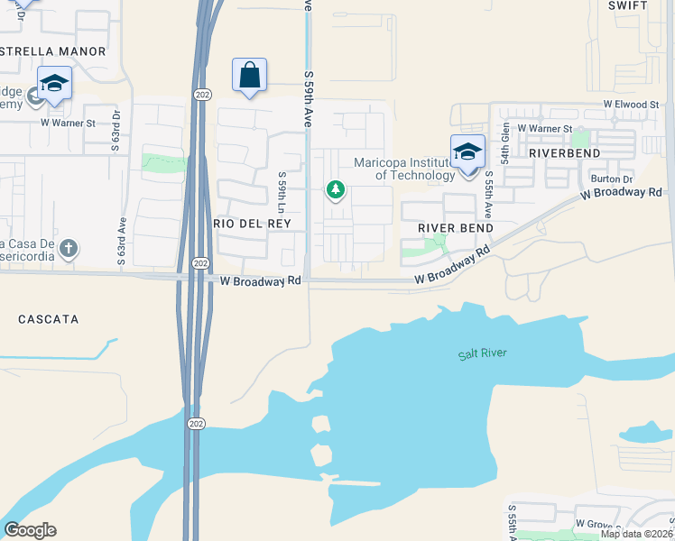 map of restaurants, bars, coffee shops, grocery stores, and more near 5836 West Broadway Road in Phoenix