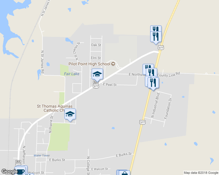 map of restaurants, bars, coffee shops, grocery stores, and more near 731 East Peel Street in Pilot Point