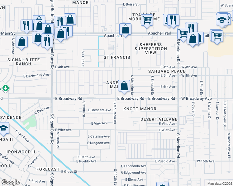 map of restaurants, bars, coffee shops, grocery stores, and more near 351 South Mountain Road in Apache Junction