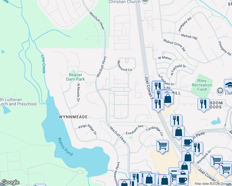 map of restaurants, bars, coffee shops, grocery stores, and more near 407 Freedom Lane in Peachtree City