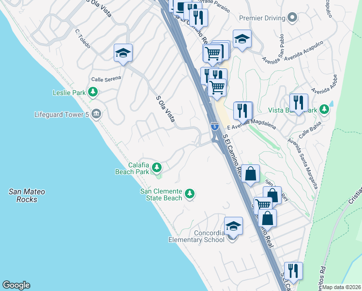 map of restaurants, bars, coffee shops, grocery stores, and more near 210 Avenida Montalvo in San Clemente