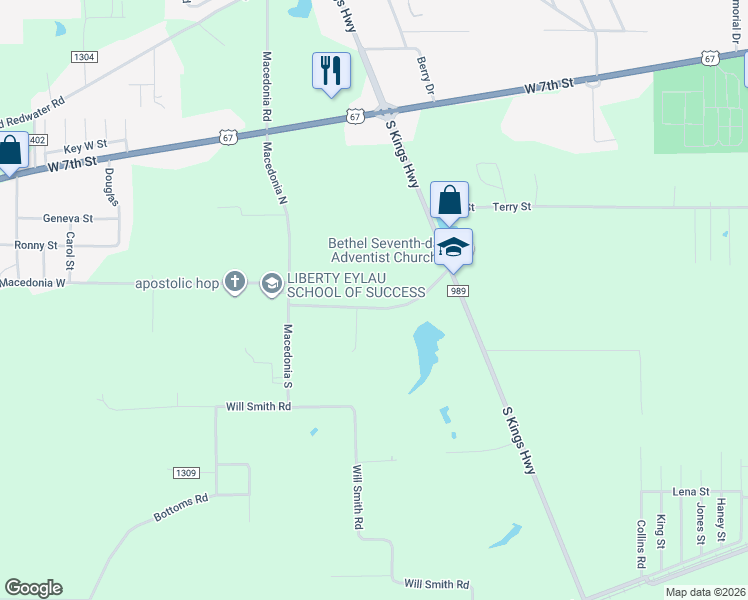 map of restaurants, bars, coffee shops, grocery stores, and more near 197 Macedonia East in Texarkana