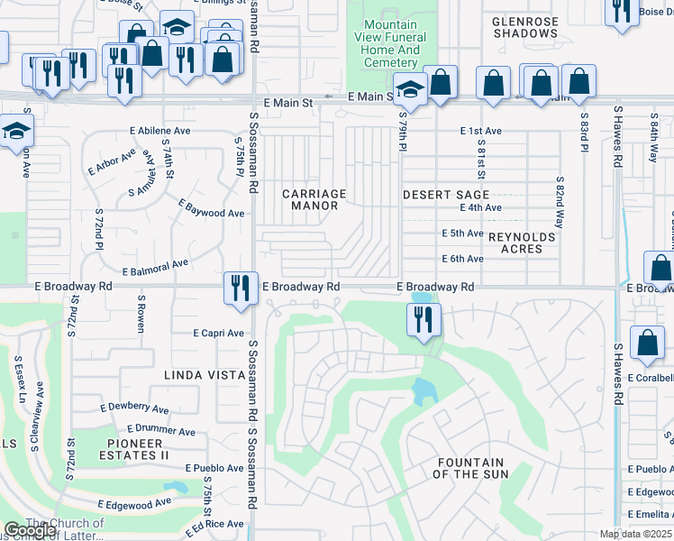 map of restaurants, bars, coffee shops, grocery stores, and more near 419 South 77th Way in Mesa
