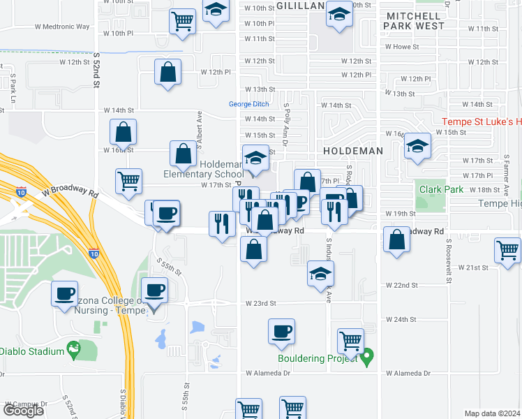 map of restaurants, bars, coffee shops, grocery stores, and more near 1330 West Broadway Road in Tempe