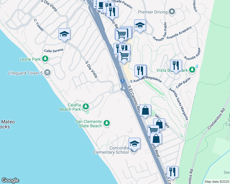 map of restaurants, bars, coffee shops, grocery stores, and more near 101 Avenida Calafia in San Clemente