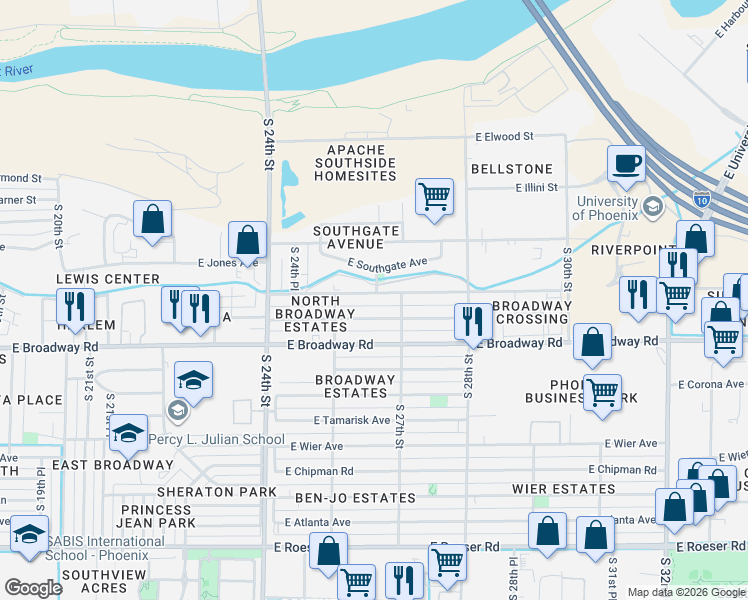 map of restaurants, bars, coffee shops, grocery stores, and more near 2640 East Pueblo Avenue in Phoenix