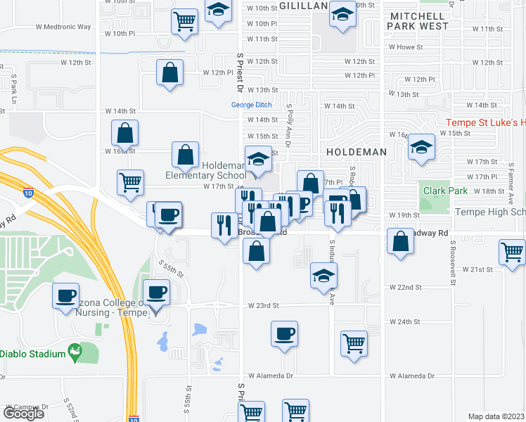 map of restaurants, bars, coffee shops, grocery stores, and more near 1330 West Broadway Road in Tempe