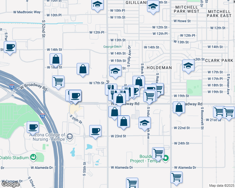 map of restaurants, bars, coffee shops, grocery stores, and more near 1330 West Broadway Road in Tempe