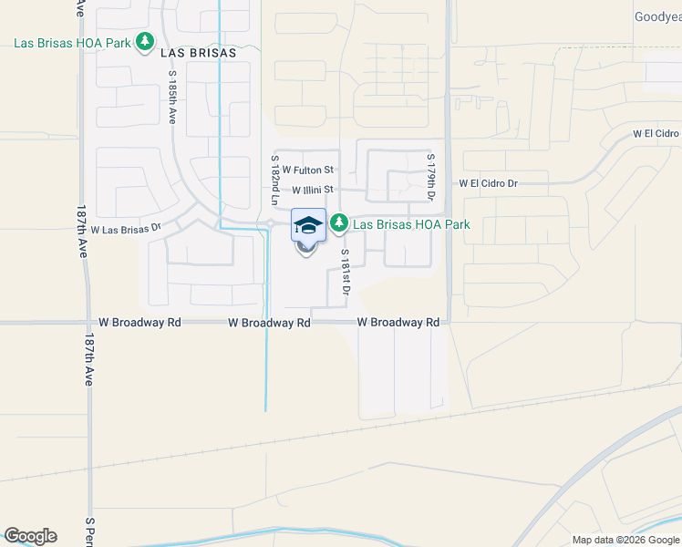 map of restaurants, bars, coffee shops, grocery stores, and more near 4176 South 181st Drive in Goodyear