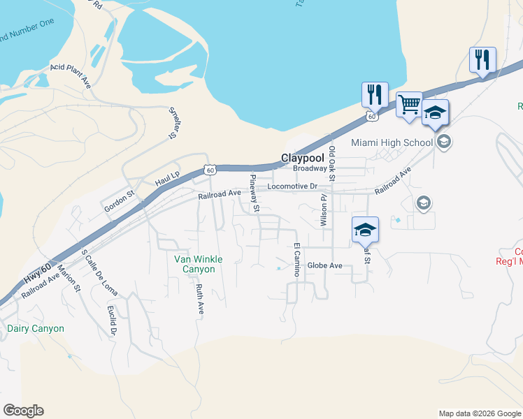 map of restaurants, bars, coffee shops, grocery stores, and more near 4165 East Copper Street in Claypool