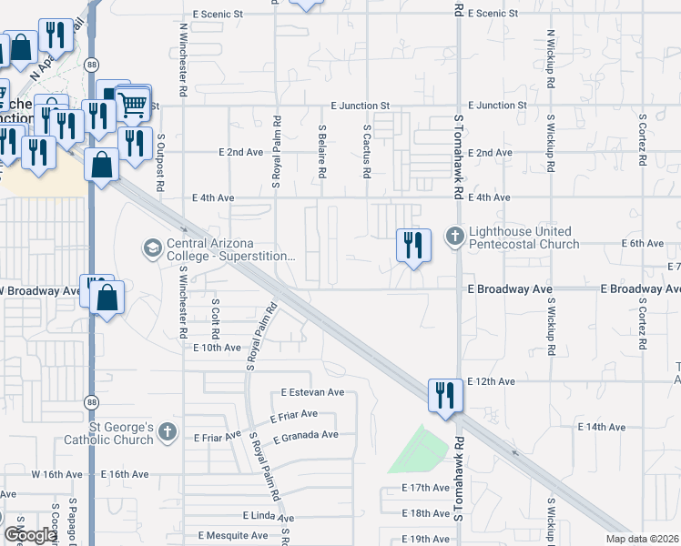 map of restaurants, bars, coffee shops, grocery stores, and more near East Valley Palms Mobile Home Park in Maricopa County
