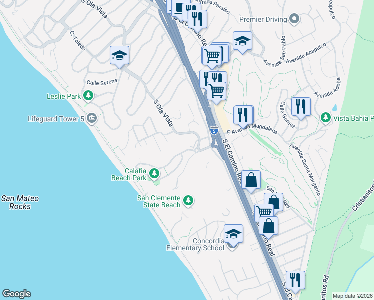 map of restaurants, bars, coffee shops, grocery stores, and more near 206 Avenida Montalvo in San Clemente