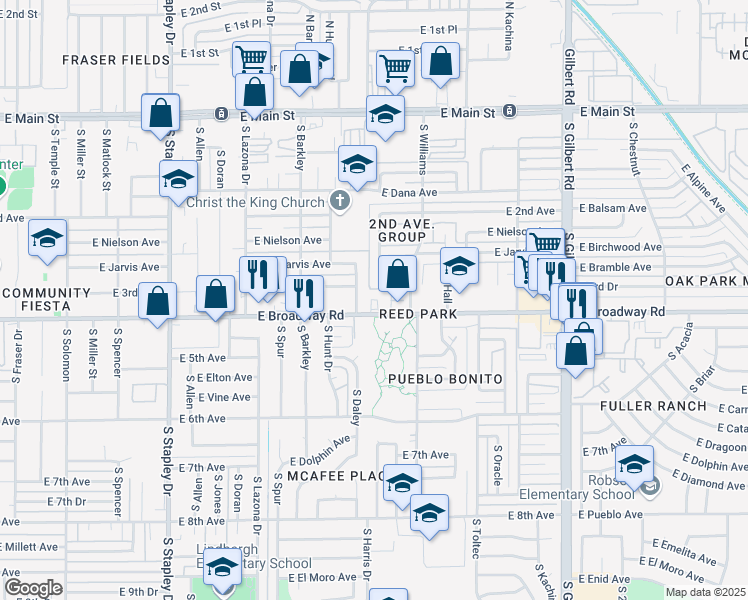 map of restaurants, bars, coffee shops, grocery stores, and more near 1616 East Broadway Road in Mesa