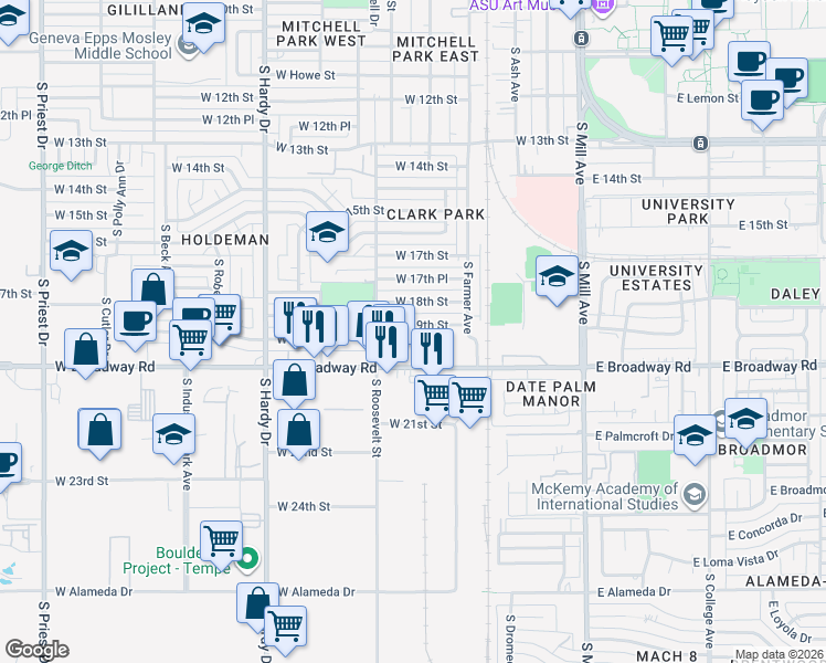 map of restaurants, bars, coffee shops, grocery stores, and more near 500 West Broadway Road in Tempe