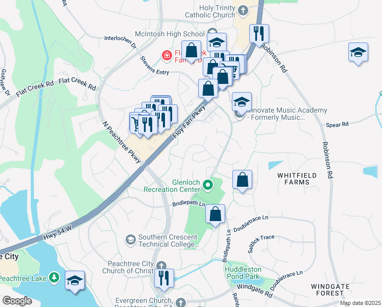 map of restaurants, bars, coffee shops, grocery stores, and more near 301 Morgans Turn in Peachtree City