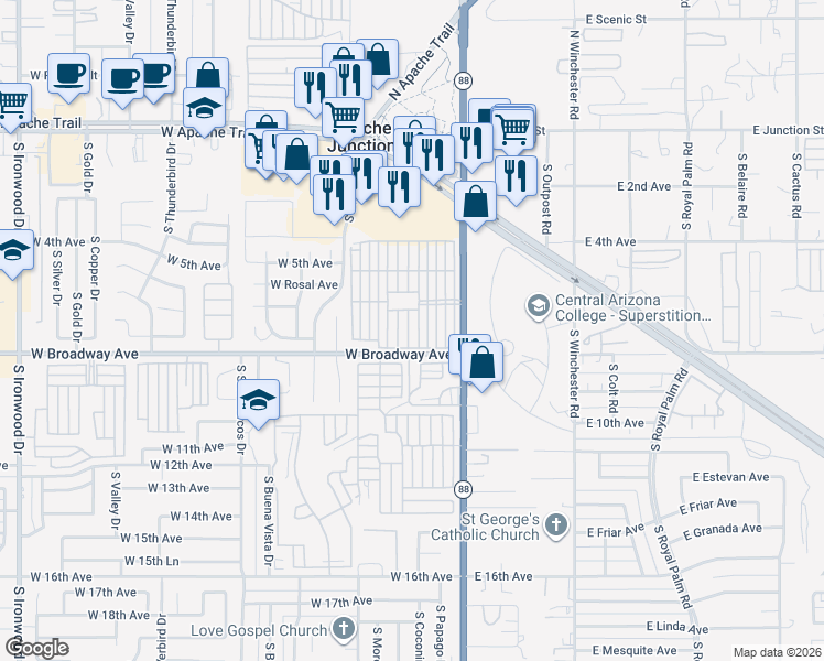 map of restaurants, bars, coffee shops, grocery stores, and more near 401 4th Avenue in Apache Junction