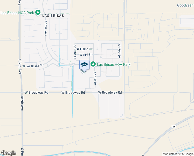 map of restaurants, bars, coffee shops, grocery stores, and more near 4176 South 181st Drive in Goodyear