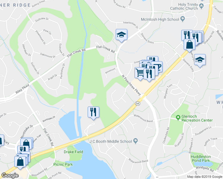 map of restaurants, bars, coffee shops, grocery stores, and more near 211 Gleneagles Point in Peachtree City