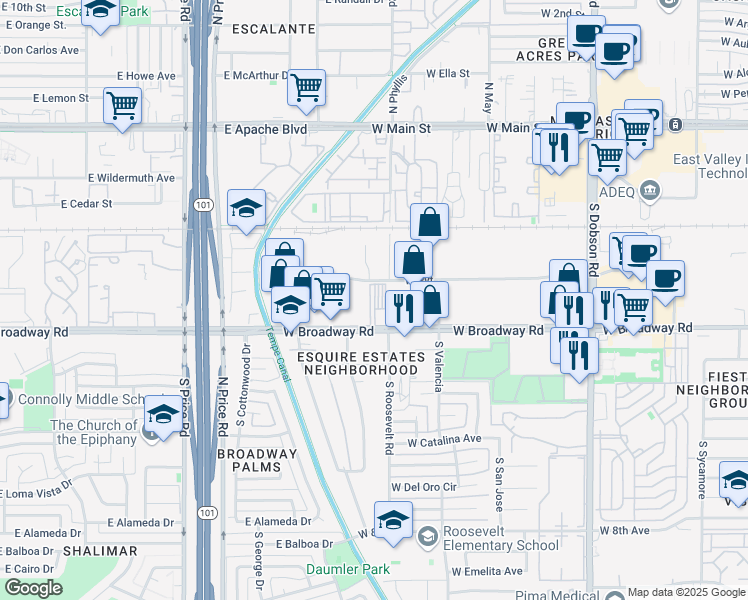 map of restaurants, bars, coffee shops, grocery stores, and more near 2422 West Broadway Road in Mesa