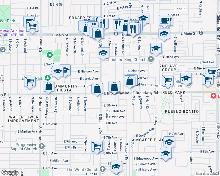 map of restaurants, bars, coffee shops, grocery stores, and more near 1244 East Broadway Road in Mesa