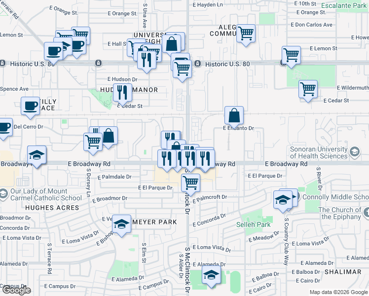 map of restaurants, bars, coffee shops, grocery stores, and more near in Tempe