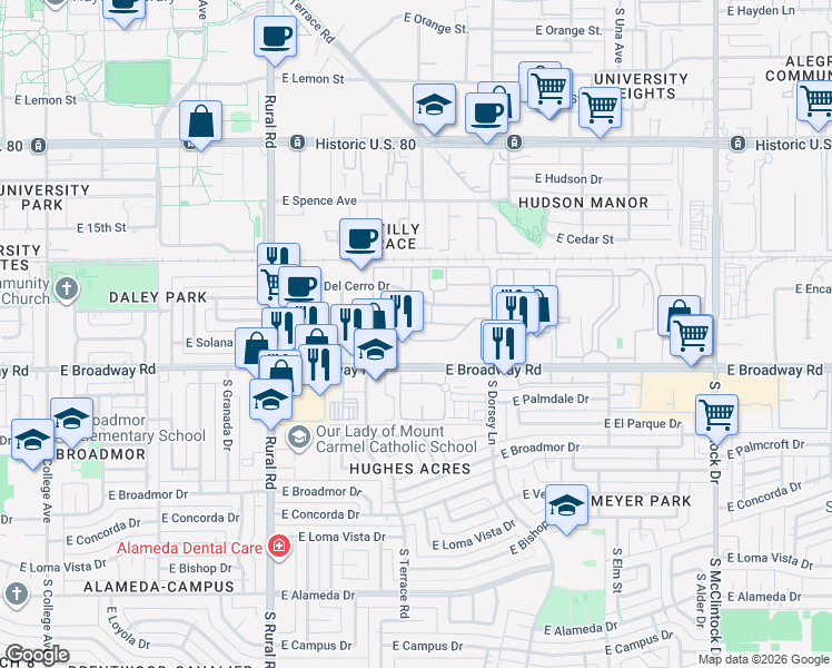 map of restaurants, bars, coffee shops, grocery stores, and more near 777 South College Avenue in Tempe