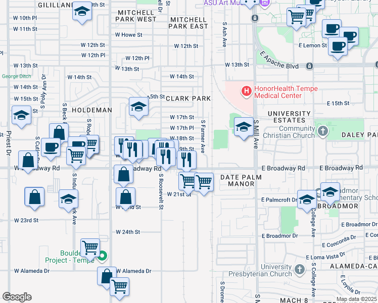 map of restaurants, bars, coffee shops, grocery stores, and more near 424 West Broadway Road in Tempe