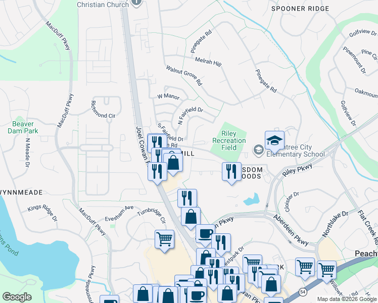 map of restaurants, bars, coffee shops, grocery stores, and more near 102 Wisdom Road in Peachtree City