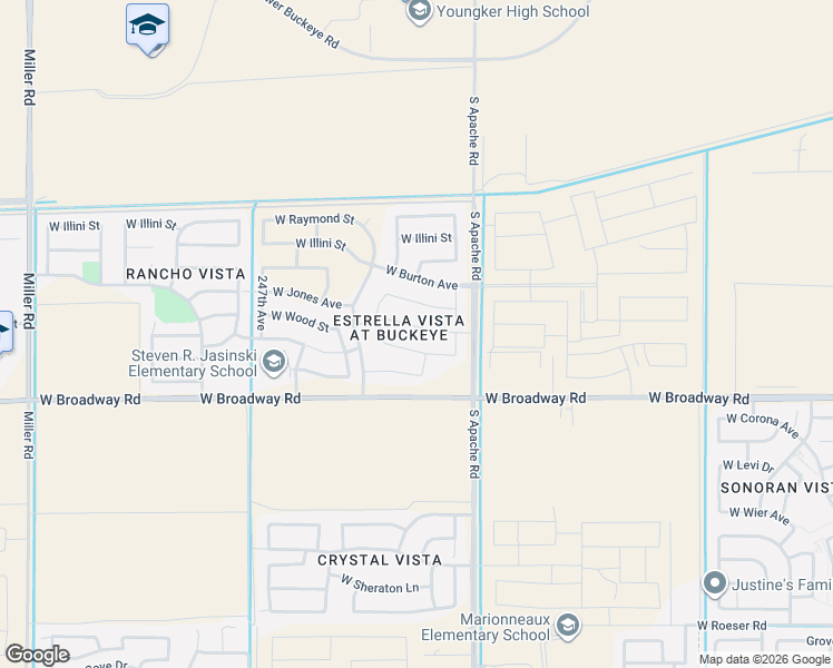 map of restaurants, bars, coffee shops, grocery stores, and more near 24425 West Hacienda Avenue in Buckeye