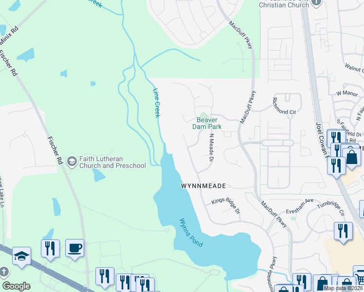 map of restaurants, bars, coffee shops, grocery stores, and more near 215 Wynnmeade Pkwy in Peachtree City