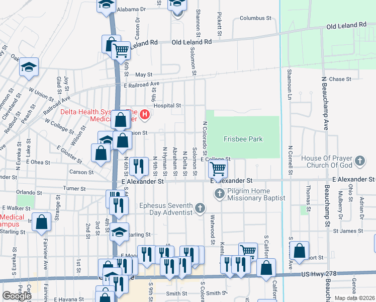 map of restaurants, bars, coffee shops, grocery stores, and more near 1647 East College Street in Greenville