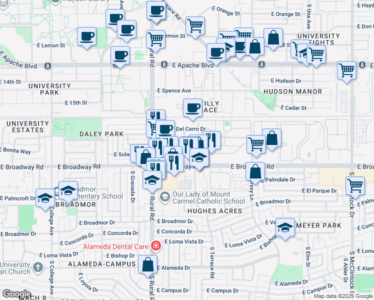 map of restaurants, bars, coffee shops, grocery stores, and more near 1000 East Broadway Road in Tempe
