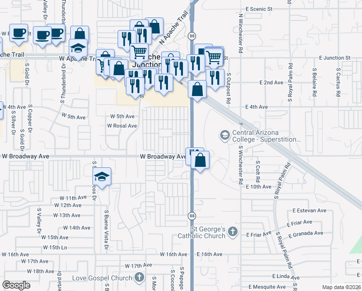 map of restaurants, bars, coffee shops, grocery stores, and more near 401 4th Avenue in Apache Junction