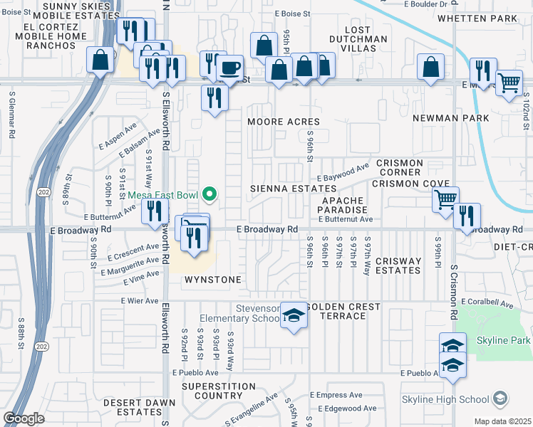 map of restaurants, bars, coffee shops, grocery stores, and more near 9422 East Broadway Road in Mesa