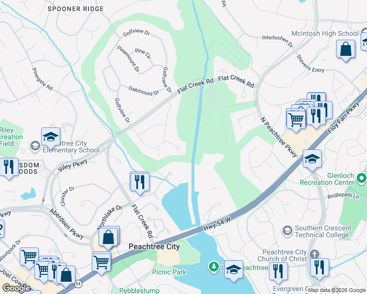 map of restaurants, bars, coffee shops, grocery stores, and more near 106 Stratford Court in Peachtree City