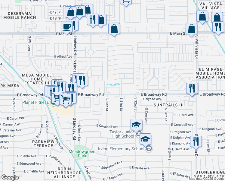 map of restaurants, bars, coffee shops, grocery stores, and more near 3030 East Broadway Road in Mesa